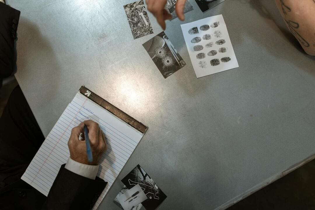 two-people-writing-out-witness-statements-on-a-table-with-pictures-of-evidence